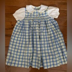 Vintage 90s OshKosh Smocked Easter Dress Blue Gingham Floral PeterPan Collar